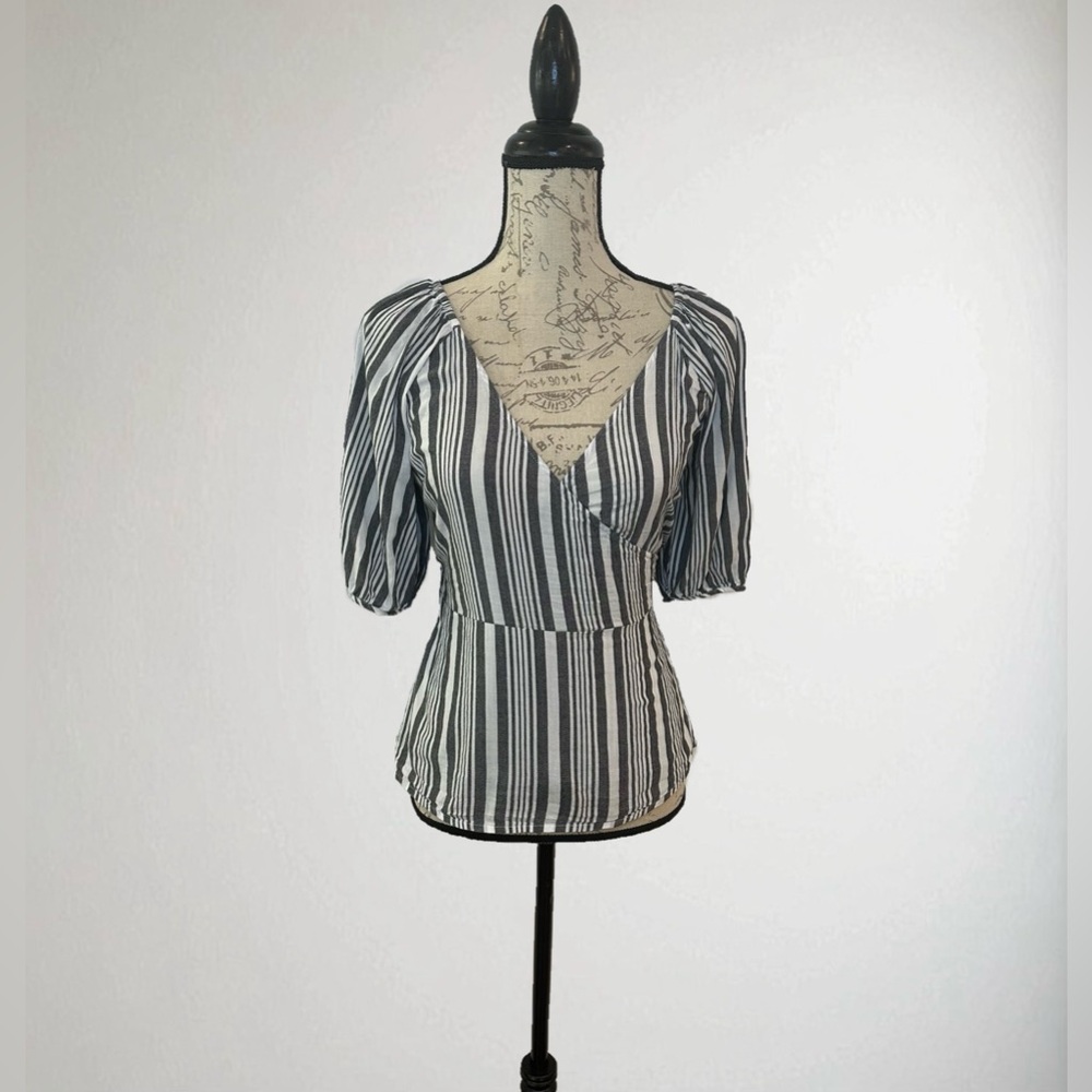 Old Navy Gray and White Striped Wrap Blouse